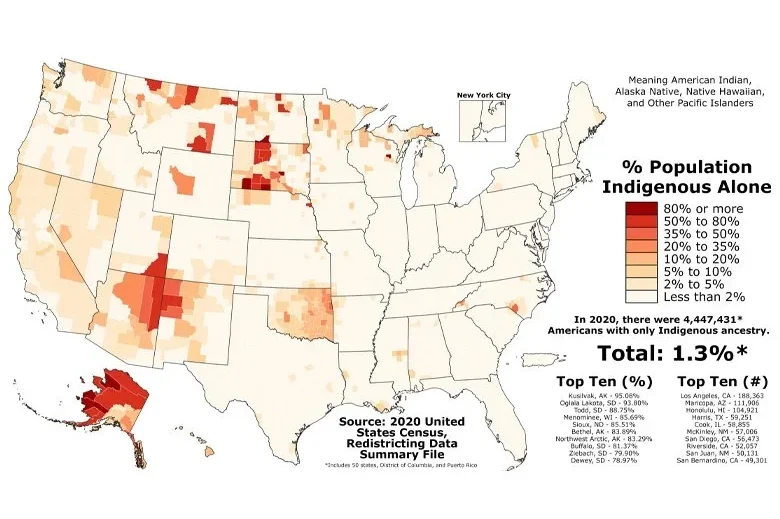 United States map of percentage of Indigenous population